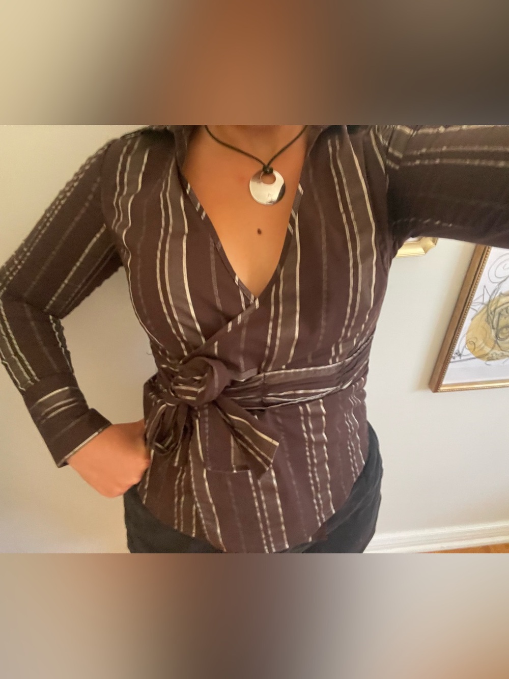 Jessica Brown Striped Wrap Blouse with Tie Waist